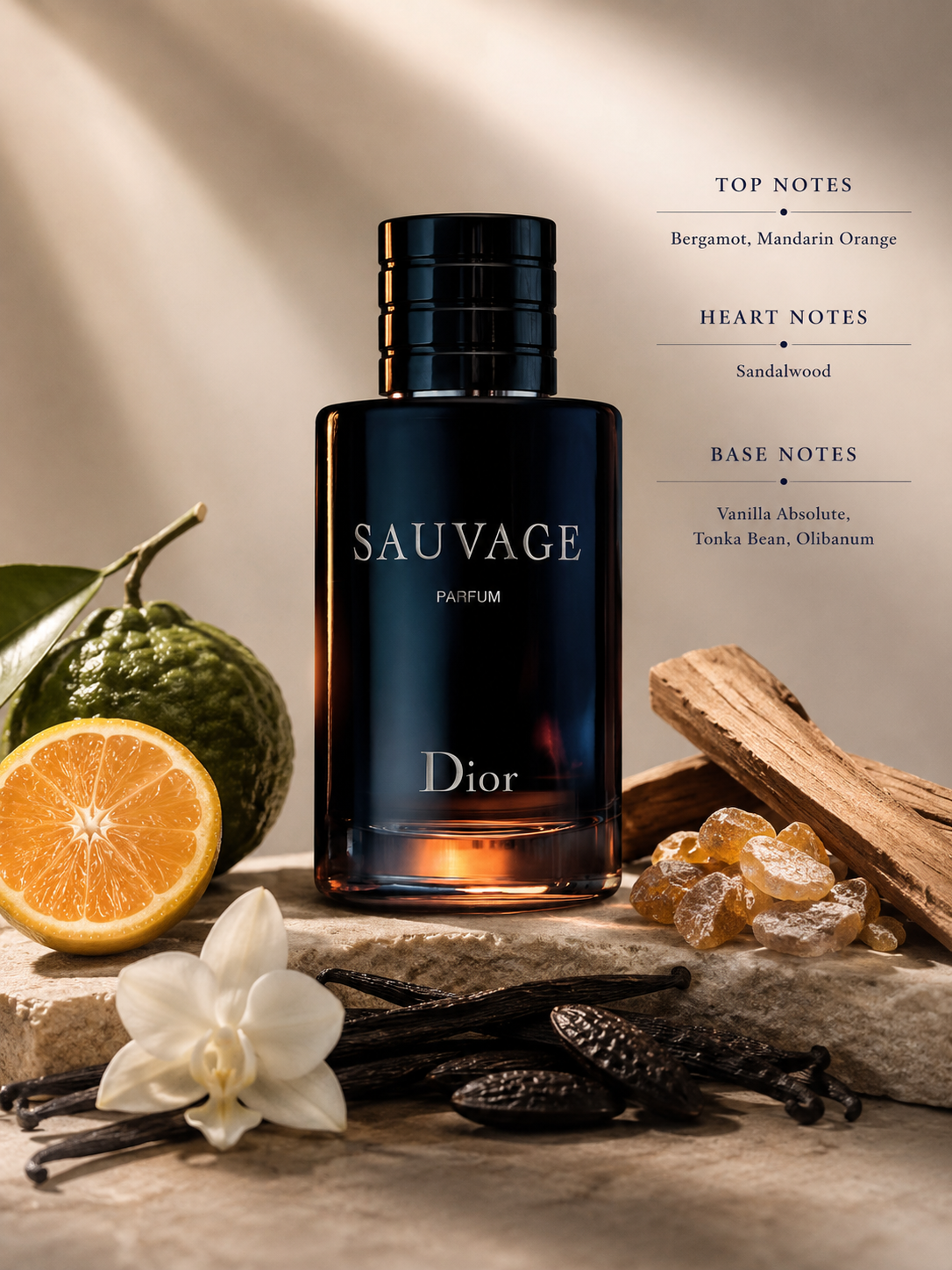 Dior Sauvage Parfum bottle displayed with bergamot, mandarin orange, vanilla, tonka bean, sandalwood, olibanum resin, and fragrance notes on a warm luxury stone setting.