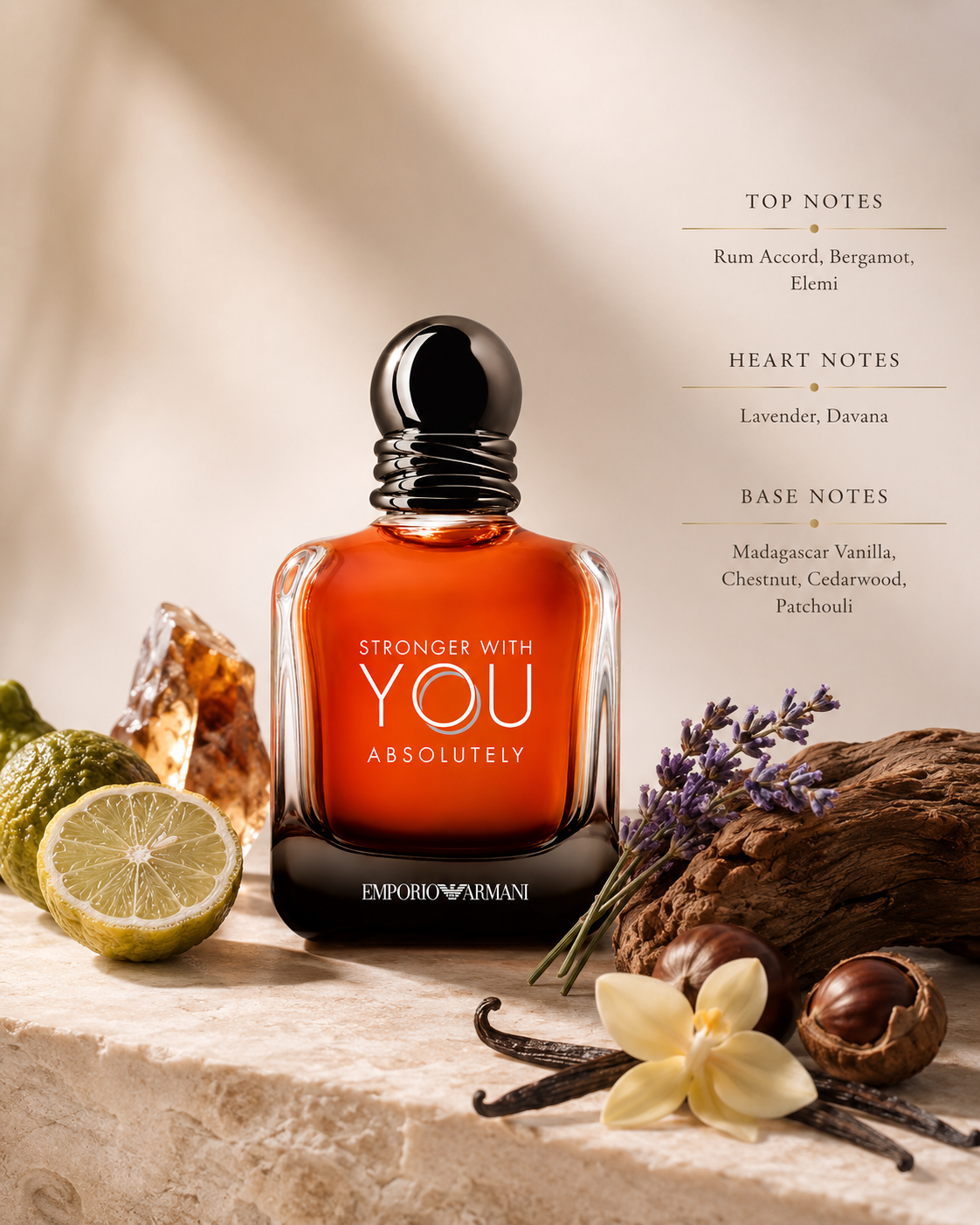 Emporio Armani Stronger With You Absolutely fragrance bottle displayed with bergamot, elemi, rum accord, lavender, davana, Madagascar vanilla, chestnut, cedarwood, patchouli, vanilla pods, and woody accents, with fragrance notes listed on the right.