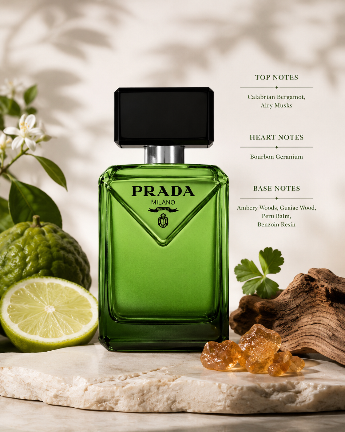 Prada Luna Rossa Carbon Eau de Parfum displayed with bergamot, citrus, green leaves, amber resin, driftwood and fragrance notes in a fresh botanical setting.