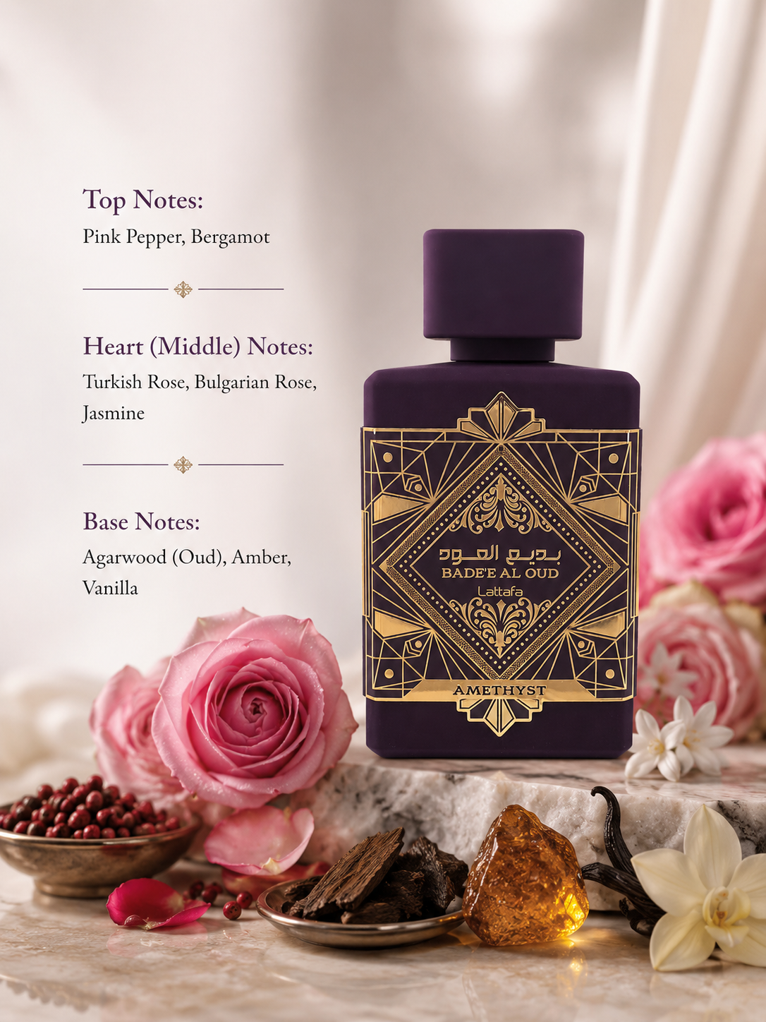 Lattafa Bade'e Al Oud Amethyst Eau de Parfum showcased in an elegant luxury fragrance composition featuring pink pepper, bergamot, Turkish rose, Bulgarian rose, jasmine, agarwood (oud), amber, and vanilla-inspired elements. The sophisticated matte deep purple bottle with luxurious gold Art Deco detailing is presented in a refined setting that highlights its floral, oud, warm amber, and creamy vanilla character.