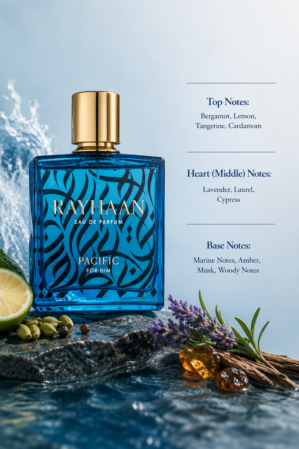 Rayhaan Pacific For Him Eau de Parfum bottle displayed with bergamot, lemon, tangerine, cardamom, lavender, cypress, marine notes, amber, musk, woody accords, and ocean-inspired styling, with fragrance notes listed on the right.
