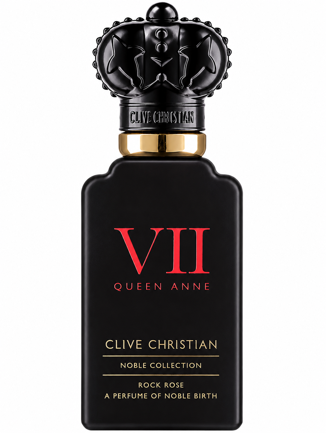 Clive Christian Rock Rose Masculine Noble Collection 50ml Eau de Parfum in a luxurious matte black bottle with the iconic crown cap and gold accents, isolated on a pure white background for an elegant premium product presentation.