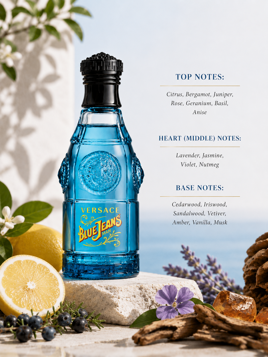 Versace Blue Jeans fragrance bottle displayed with citrus fruits, juniper berries, lavender, flowers, woods, and amber resin, alongside fragrance notes on a fresh Mediterranean-inspired background.