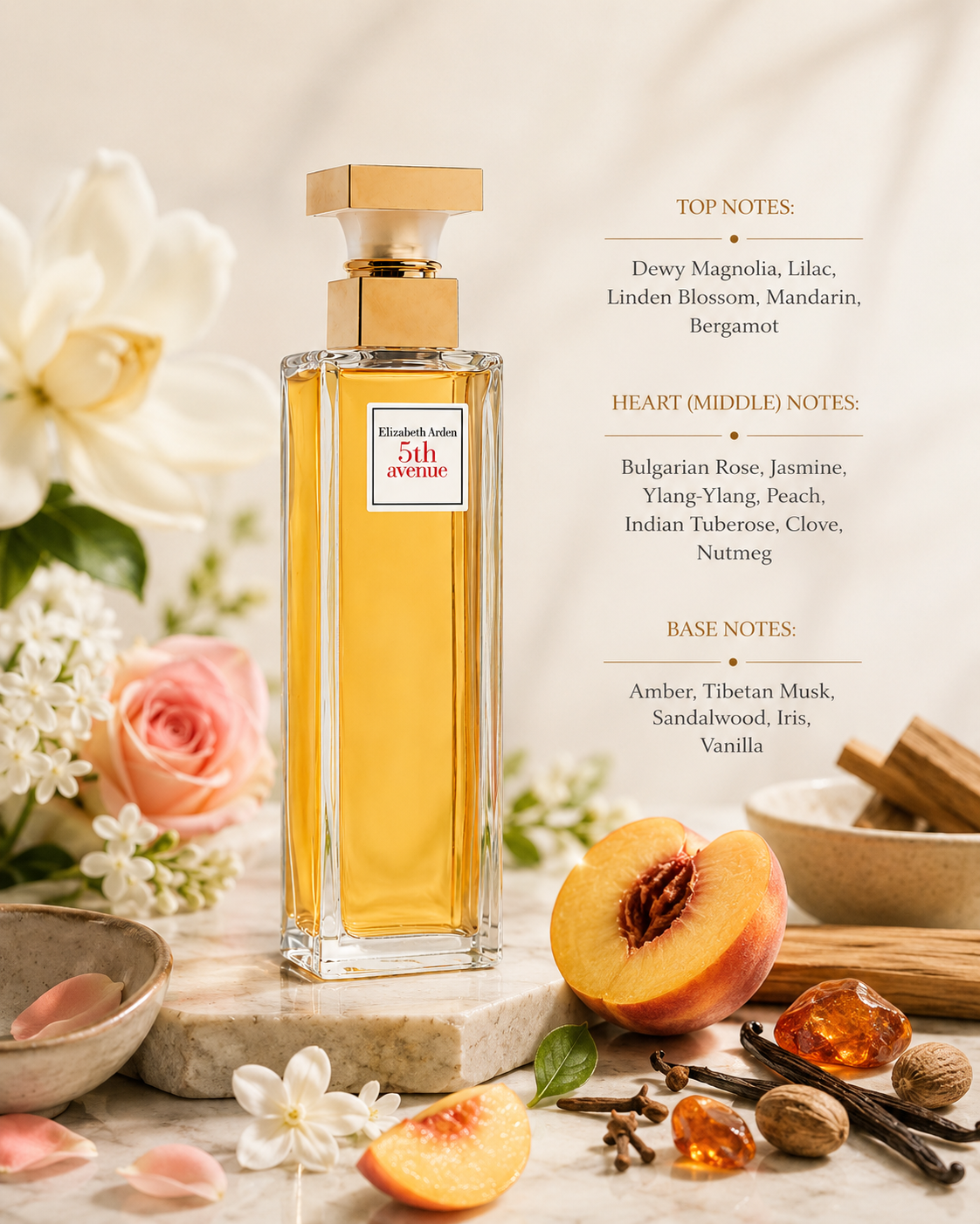 Elizabeth Arden 5th Avenue displayed with its elegant floral composition:
Top: Magnolia, Lilac, Mandarin, Bergamot
Heart: Rose, Jasmine, Peach, Tuberose
Base: Amber, Musk, Sandalwood, Vanilla
A timeless and sophisticated fragrance that blends fresh florals, soft fruits, and warm woody notes. Inspired by the elegance of New York’s Fifth Avenue, it embodies confidence, femininity, and classic style.