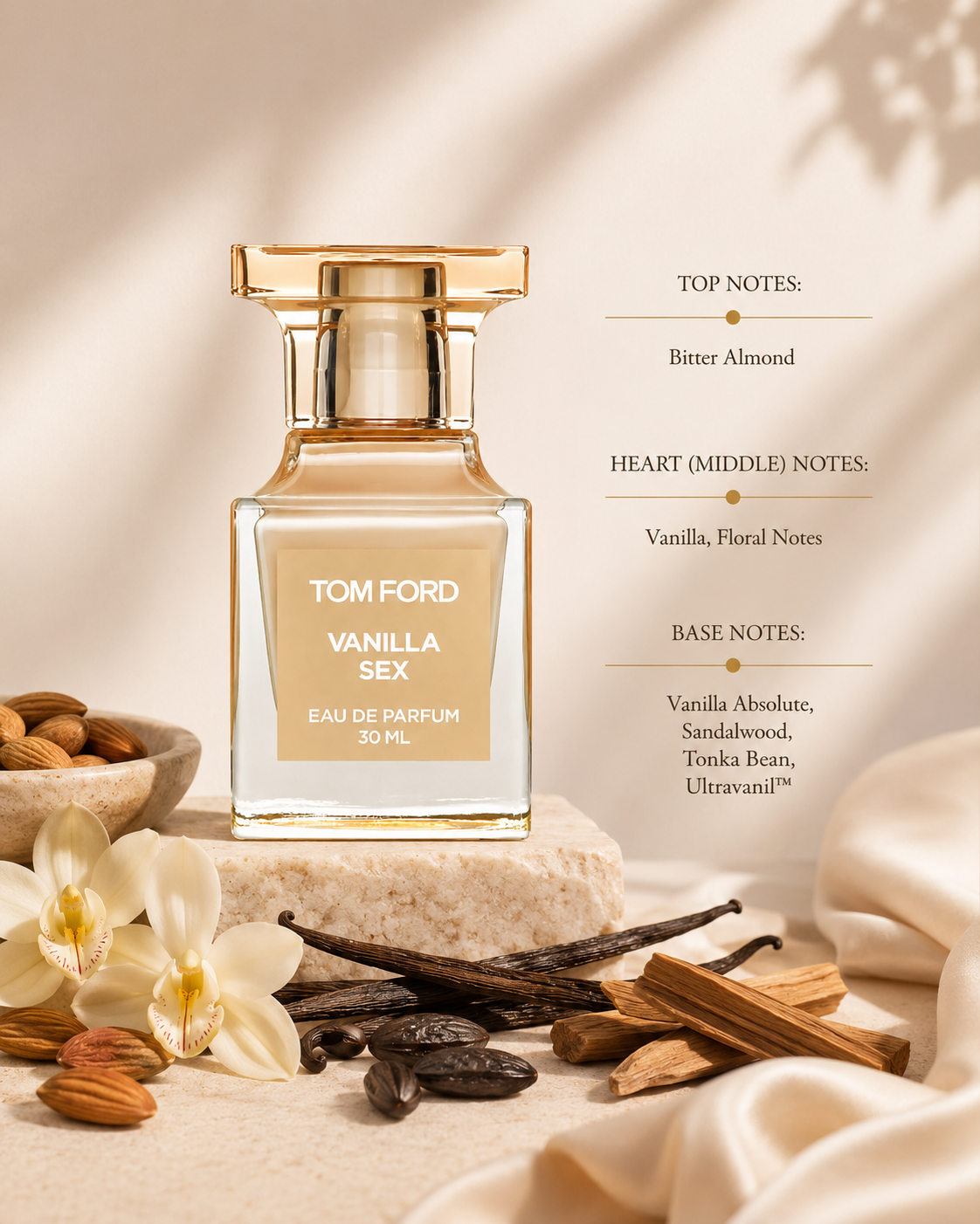 A 30ml bottle of Tom Ford Vanilla Sex EDP (Unisex) sits on stone, surrounded by vanilla beans, almond, white flowers, and wood. Notes include bitter almond, vanilla, florals, sandalwood, tonka bean, and more.