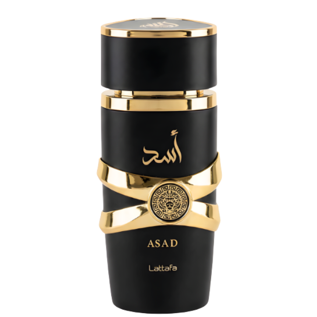 A sleek matte black cylindrical bottle of Lattafa Asad Eau De Parfum featuring an interlocking high-shine gold metallic ribbon design around the center with a circular lion emblem and a tiered gold-and-black cap.