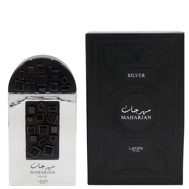 Lattafa Pride Maharjan Silver 100ml Eau De Parfum in its silver-and-black mosaic-patterned bottle, standing next to its large matte black box with embossed tonal detailing.