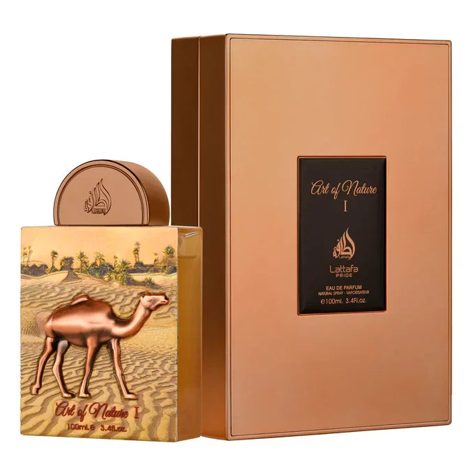 Lattafa Pride Art of Nature I 100ml Eau De Parfum in a bronze-toned bottle with a 3D camel relief, displayed next to a matching large copper-finished rectangular box.