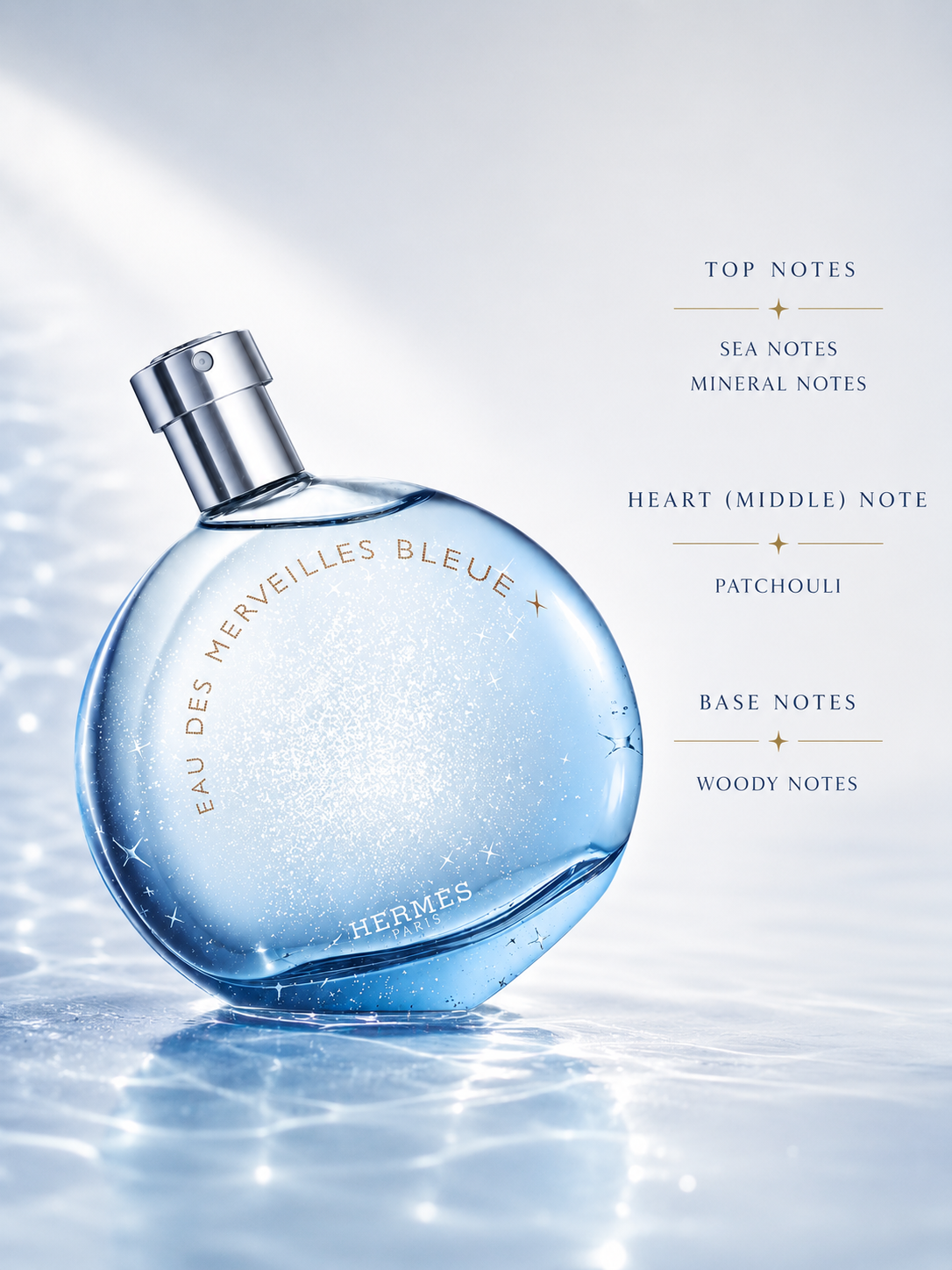 Hermès Eau des Merveilles Bleue displayed with its fresh aquatic-woody composition:
Top: Sea Notes, Mineral Notes
Heart: Patchouli
Base: Woody Notes
A luminous and refreshing fragrance inspired by the meeting of sea and sky. Sparkling marine and mineral notes create an airy opening, while patchouli adds depth and character, settling into a clean woody base. Presented in the iconic star-dusted blue bottle, it captures a sense of wonder, freshness, and effortless elegance.