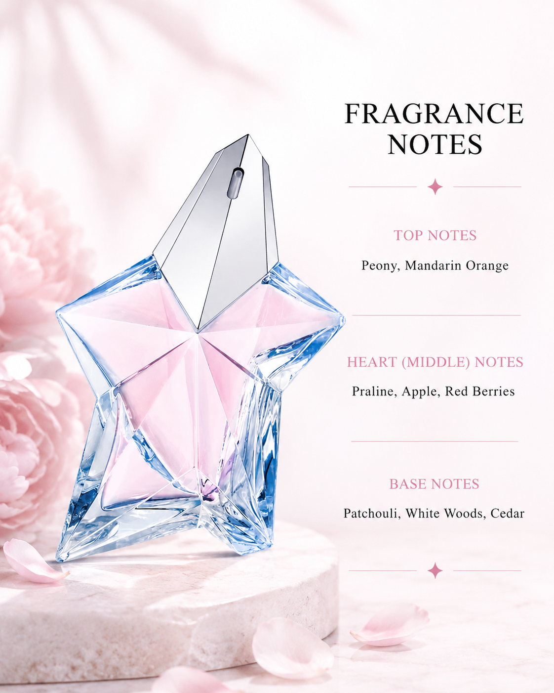 Mugler Angel Nova displayed with its signature fragrance notes:
Top: Peony, Mandarin Orange
Heart: Praline, Apple, Red Berries
Base: Patchouli, White Woods, Cedar
A vibrant fruity-floral fragrance that opens with sparkling mandarin and delicate peony, reveals a playful heart of praline, crisp apple, and juicy red berries, and settles into a modern woody base of patchouli, white woods, and cedar. Presented in Mugler’s iconic star-shaped bottle, radiating bold femininity and contemporary elegance.