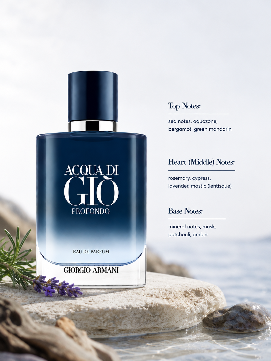 Giorgio Armani Acqua di Giò Profondo Eau de Parfum displayed beside the sea with rosemary, lavender, coastal stones, and fragrance notes in a fresh marine-inspired setting.