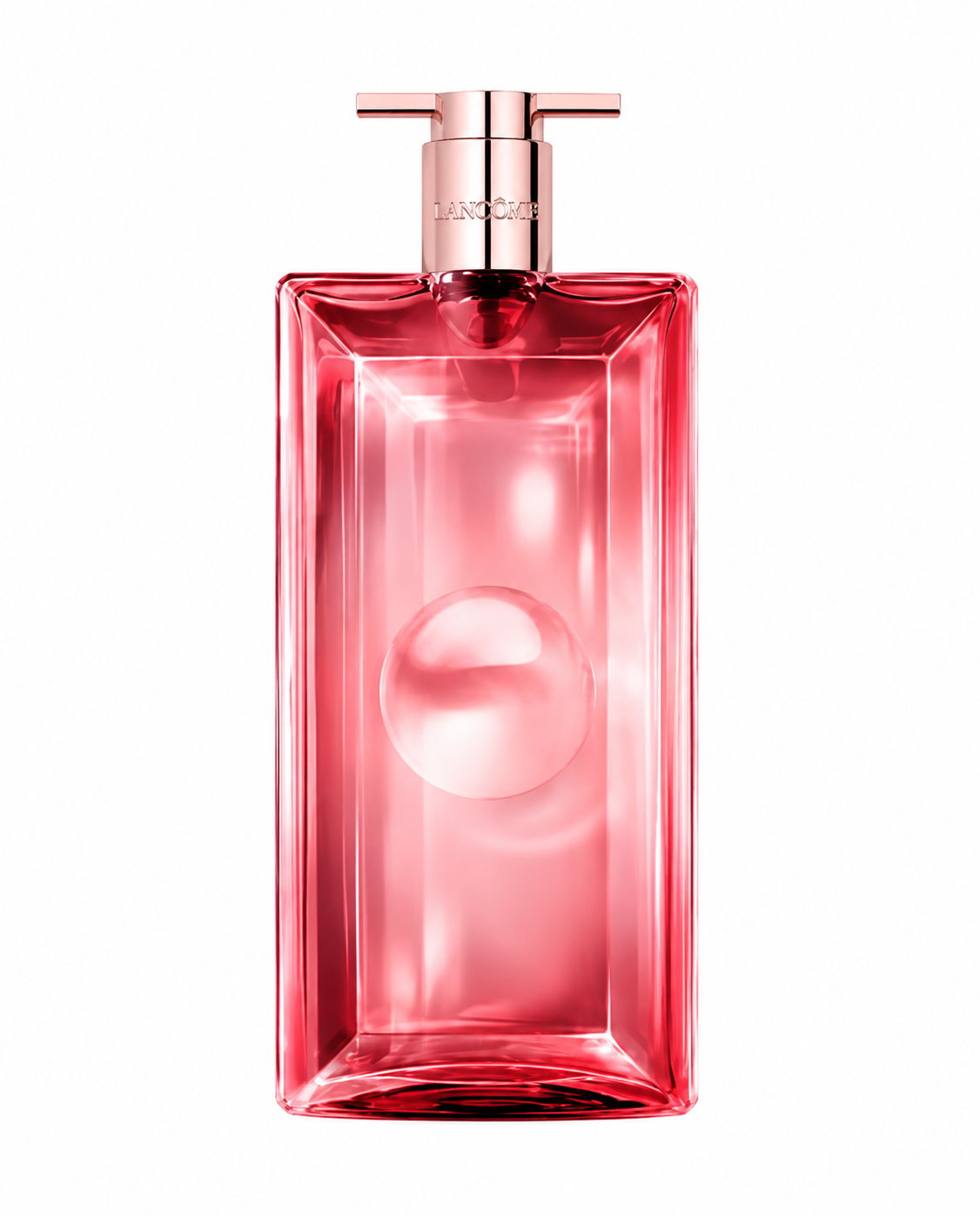 Lancôme Idôle Power Eau de Parfum Intense bottle isolated on a white background, featuring a sleek ultra-slim rectangular glass design with vibrant ruby-pink juice, a luminous circular centerpiece, and a polished rose gold cap.