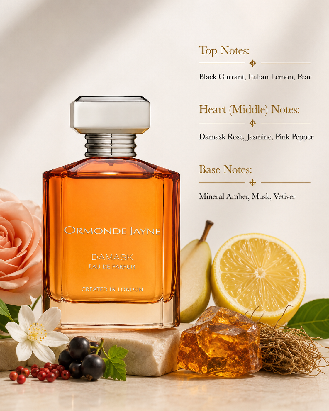 Ormonde Jayne Damask Eau de Parfum showcased in an elegant luxury fragrance composition featuring black currant, Italian lemon, pear, Damask rose, jasmine, pink pepper, mineral amber, musk, and vetiver-inspired elements. The sophisticated amber glass bottle is presented in a refined setting that highlights its fruity, floral, citrus, and warm woody-musky character.