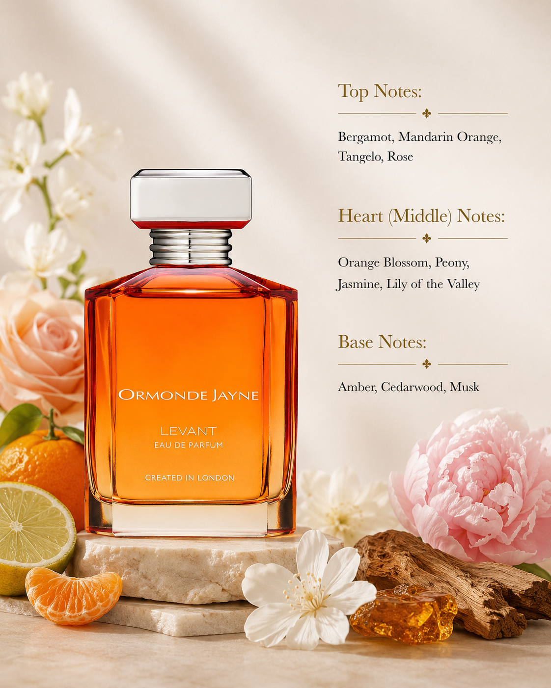 Ormonde Jayne Levant Eau de Parfum showcased in an elegant luxury fragrance composition featuring bergamot, mandarin orange, tangelo, rose, orange blossom, peony, jasmine, lily of the valley, amber, cedarwood, and musk-inspired elements. The sophisticated amber glass bottle is presented in a refined setting that highlights its sparkling citrus, delicate floral, and warm woody-musky character.
