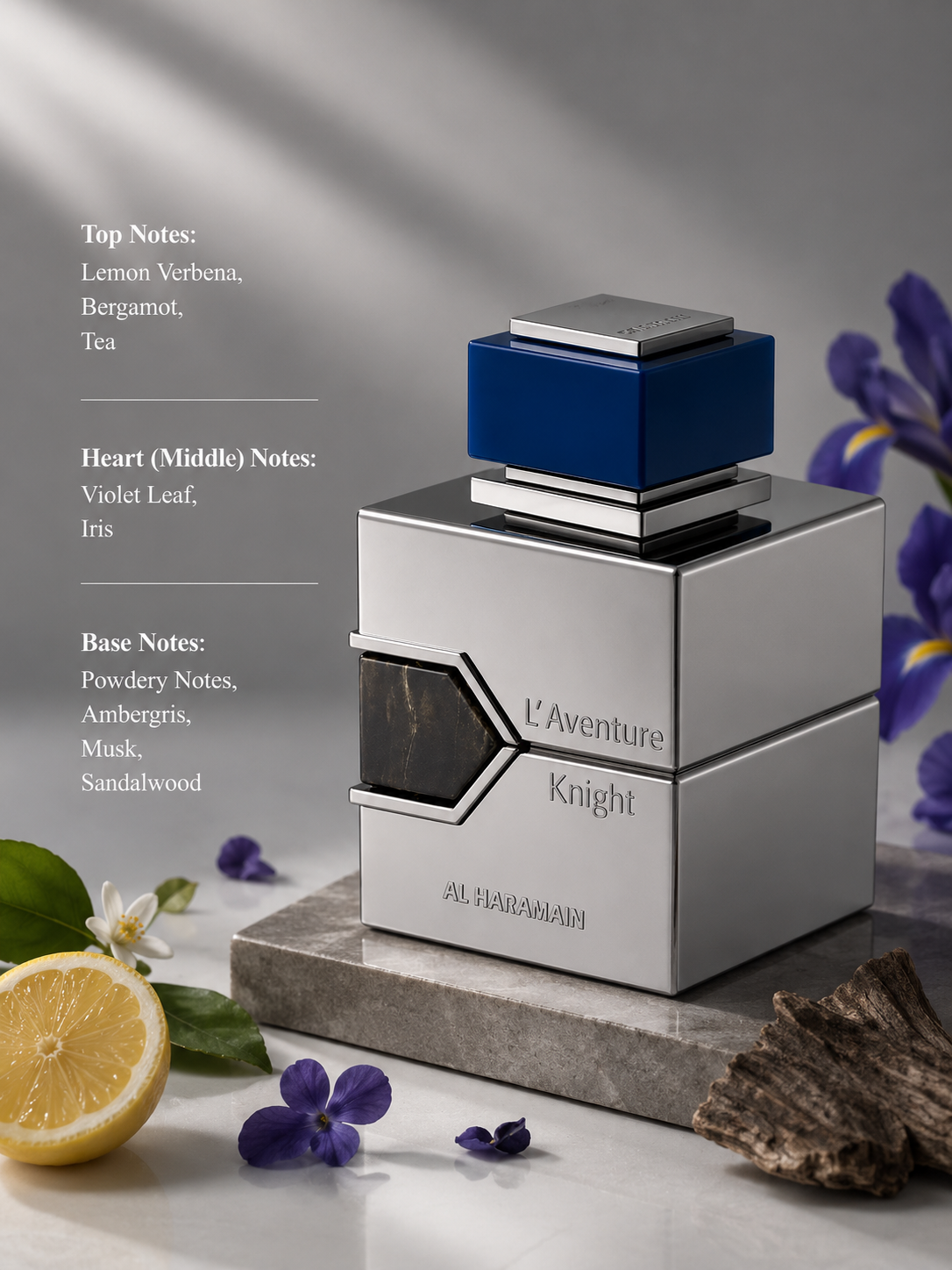 Al Haramain L'Aventure Knight fragrance bottle displayed on a stone pedestal with lemon, violet flowers, iris, oud wood, and fragrance notes on an elegant grey background.