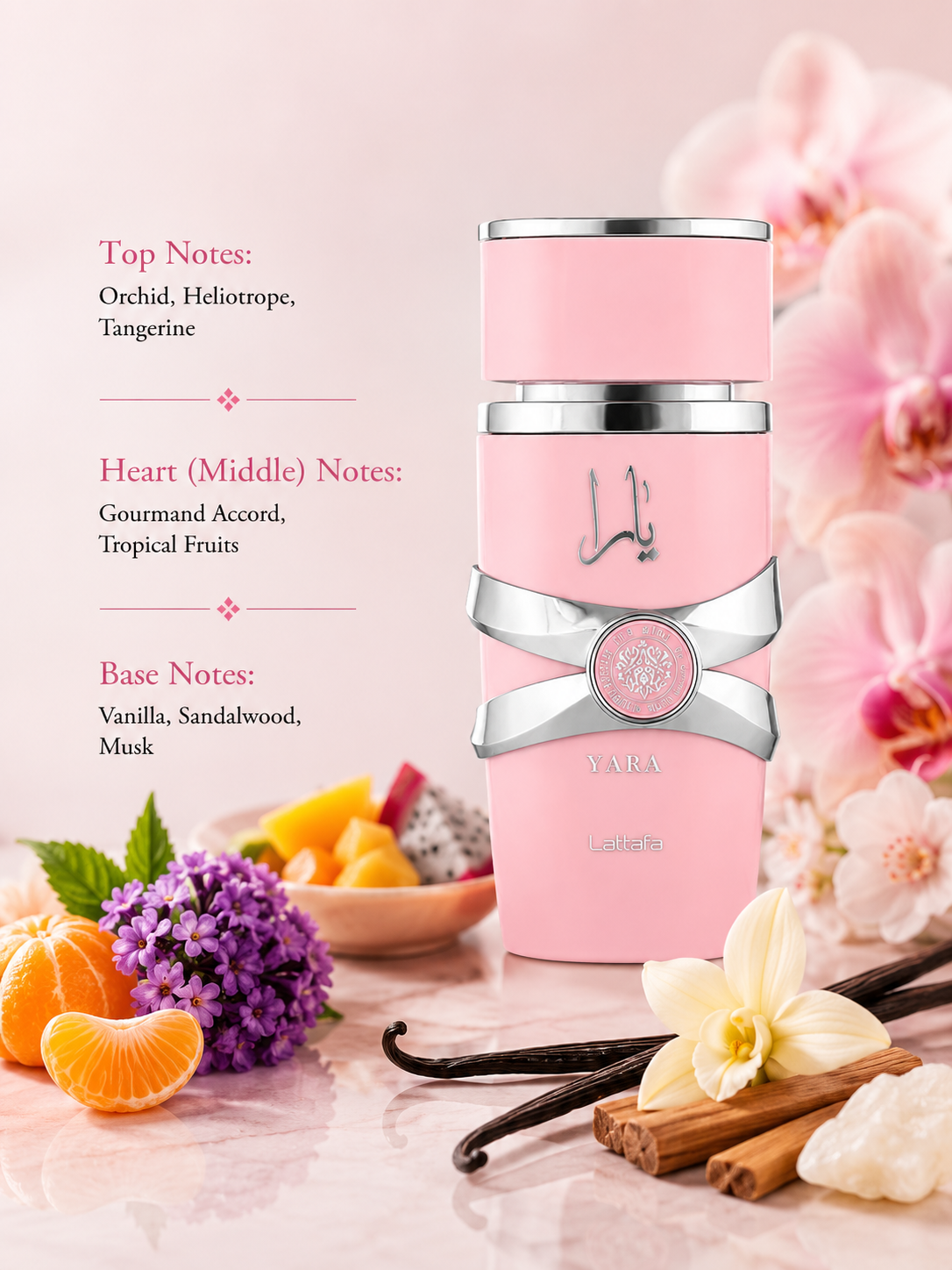 Lattafa Yara Eau de Parfum showcased in an elegant luxury fragrance composition featuring orchid, heliotrope, tangerine, gourmand accord, tropical fruits, vanilla, sandalwood, and musk-inspired elements. The sophisticated soft pink bottle with polished silver accents is presented in a refined setting that highlights its floral, fruity, creamy gourmand, and soft musky character.