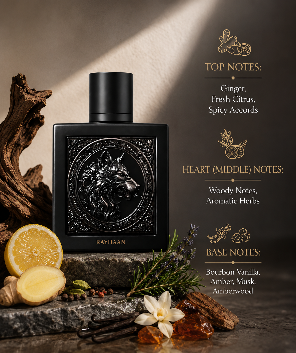 Rayhaan fragrance displayed with ginger, fresh citrus, spicy accords, woody notes, aromatic herbs, bourbon vanilla, amber, musk, amberwood, and fragrance notes on a luxurious dark natural stone background.