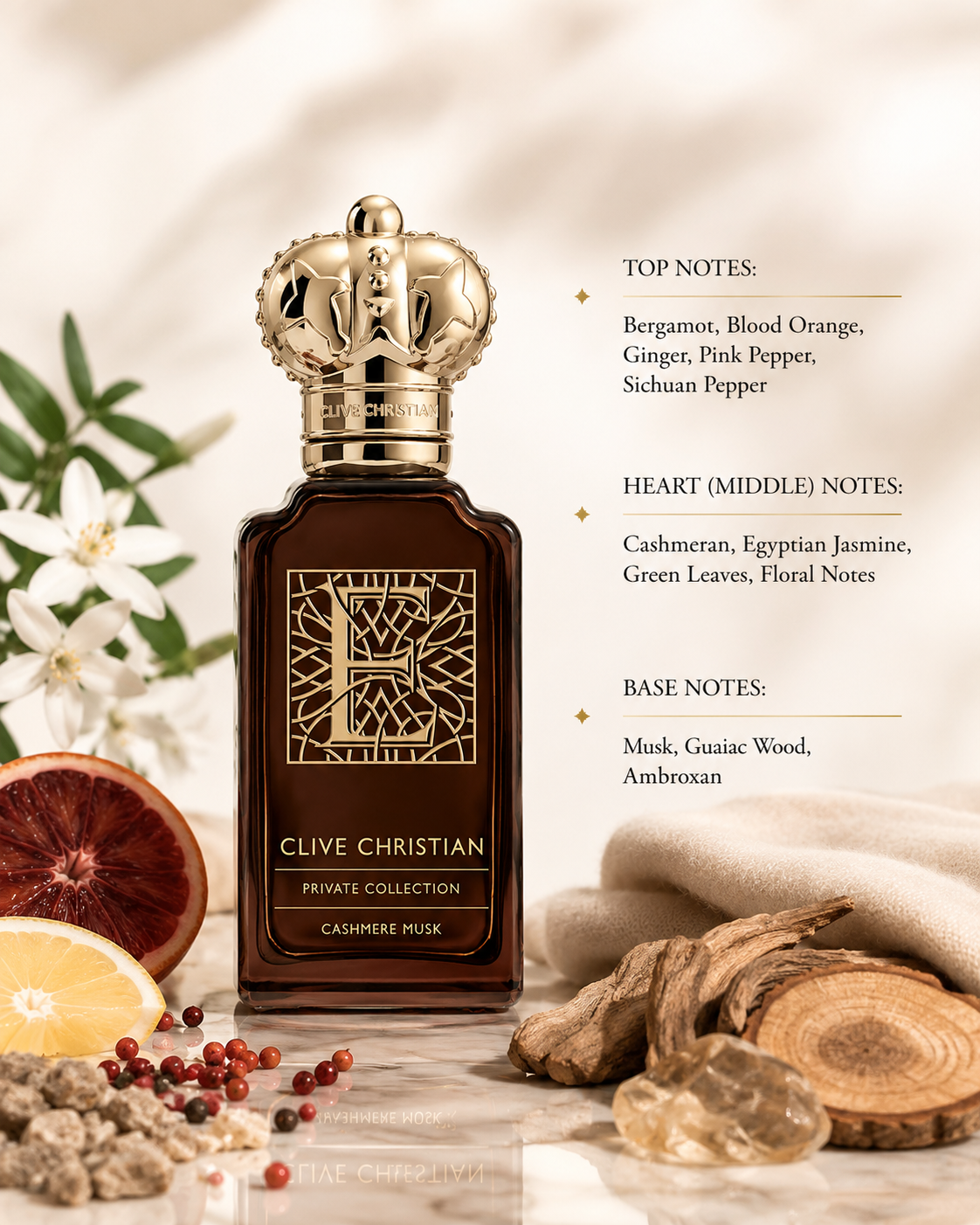Clive Christian Cashmere Musk Private Collection 50ml Eau de Parfum displayed with bergamot, blood orange, ginger, pink pepper, jasmine, guaiac wood and cashmere-inspired elements, highlighting its warm woody musky character in a refined luxury composition.