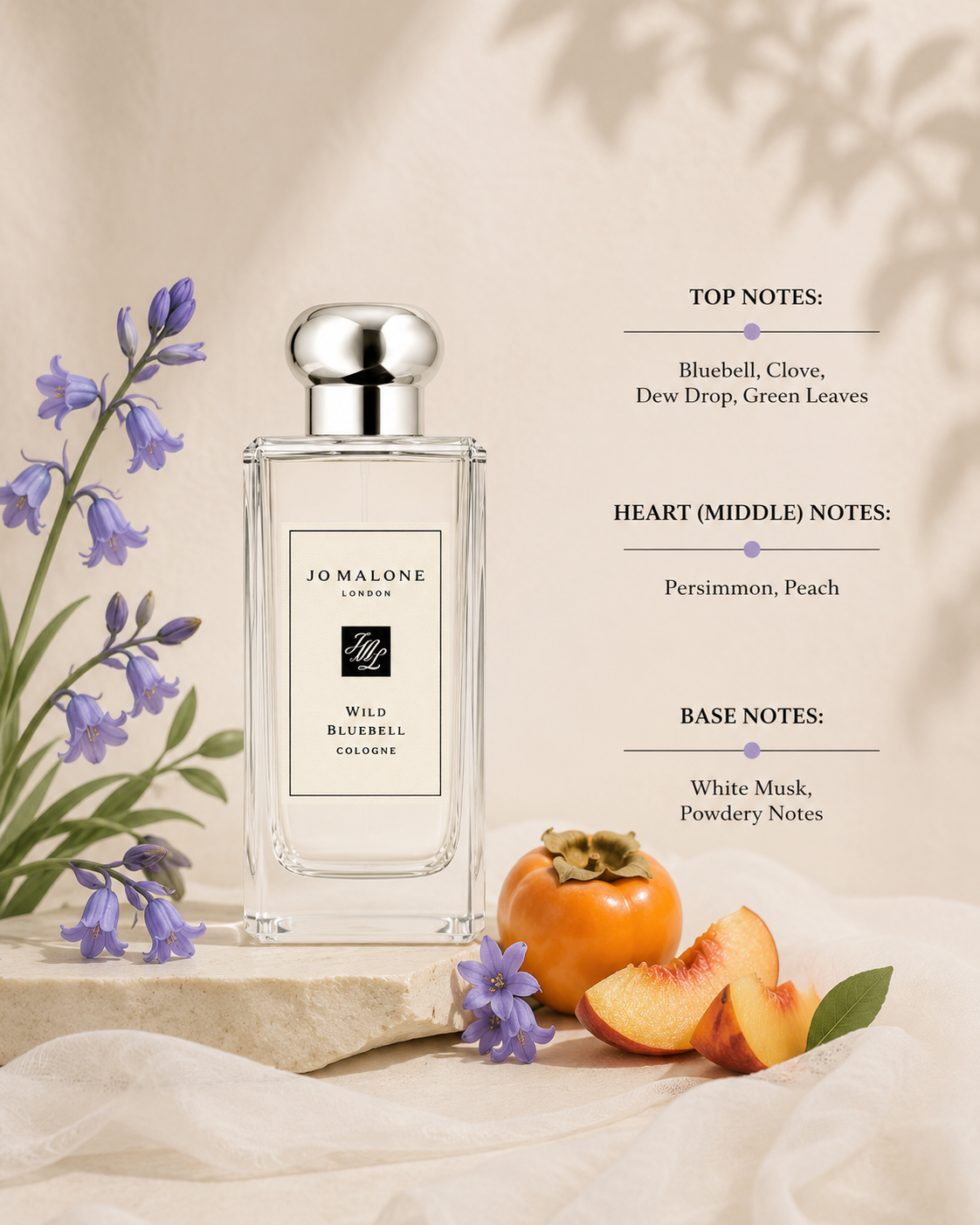 Jo Malone Wild Bluebell perfume bottle with floral and fruit elements on a beige background