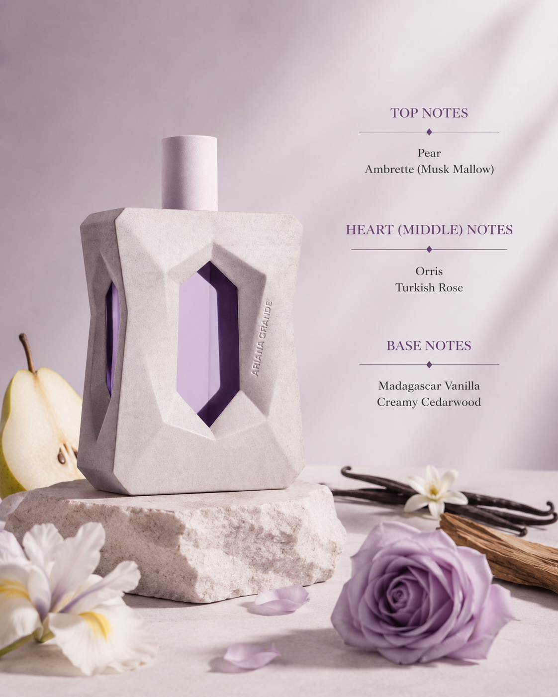 Perfume bottle with floral elements and fragrance notes on a light background
