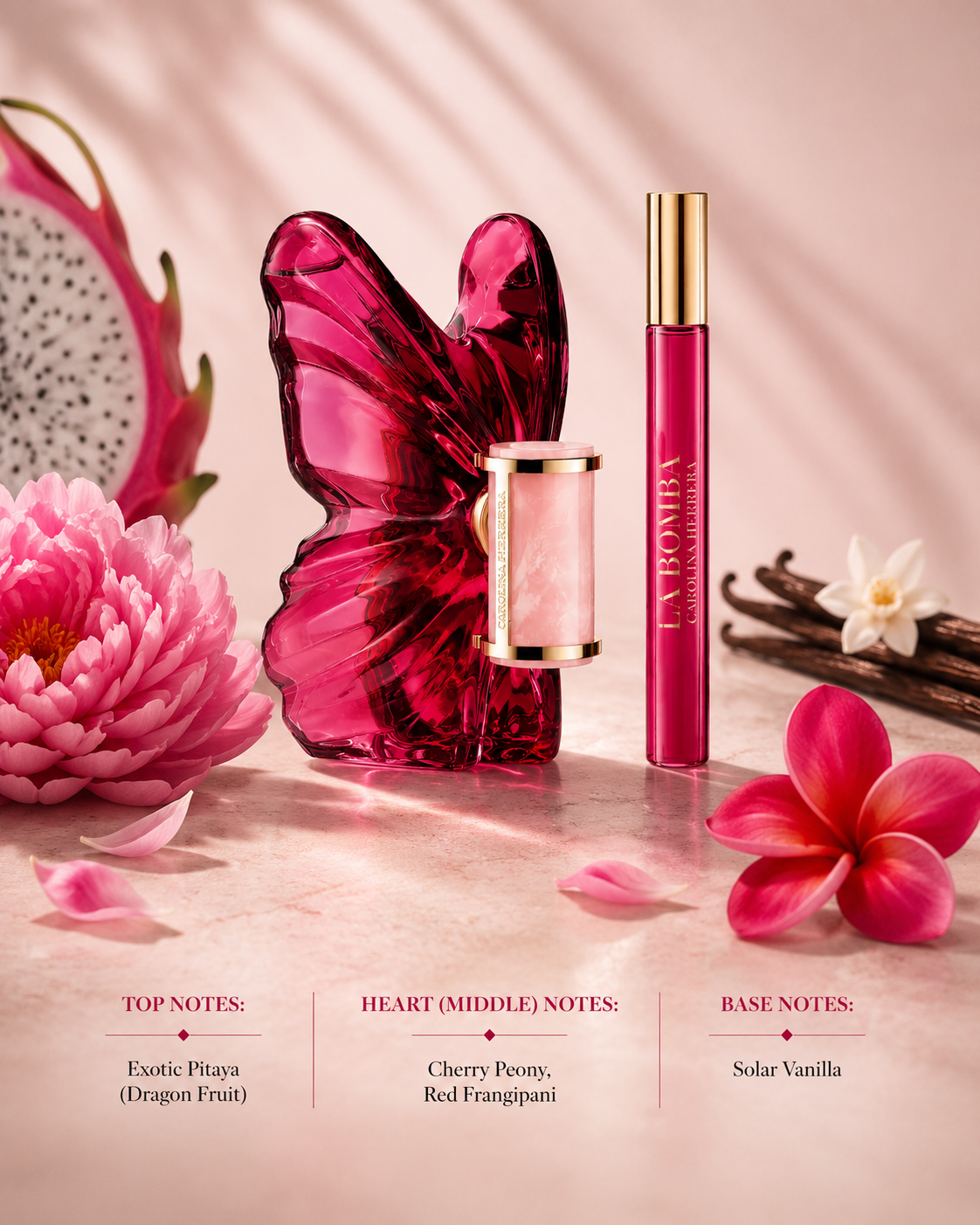 Carolina Herrera La Bomba Eau de Parfum Gift Set displayed with dragon fruit, cherry peony, and vanilla accents. Notes shown:
Top: Exotic Pitaya (Dragon Fruit)
Heart: Cherry Peony, Red Frangipani
Base: Solar Vanilla
A vibrant floral-fruity fragrance featuring juicy dragon fruit, radiant tropical florals, and a warm solar vanilla finish. Presented as a luxurious gift set with the signature butterfly-shaped bottle and matching travel spray in bold fuchsia tones.