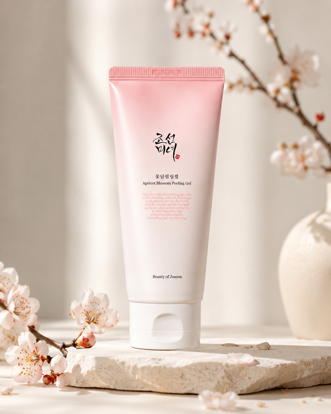 Beauty of Joseon Apricot Blossom Peeling Gel 100ml on a light background with cherry blossoms