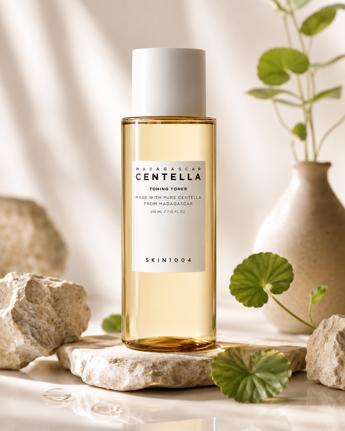 Skin1004 Madagascar Centella Toning Toner 210ml on a natural stone surface with plants and rocks.