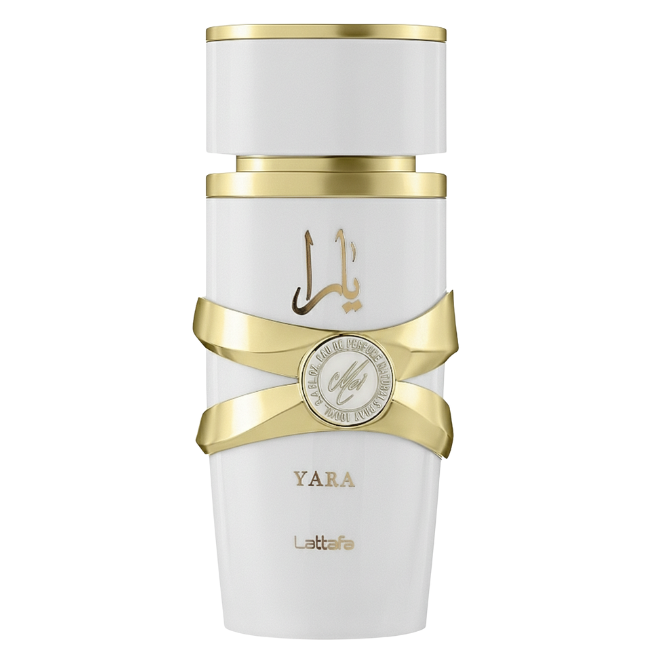 A sleek, high-gloss white cylindrical bottle of Lattafa Yara Eau De Parfum featuring an interlocking gold metallic ribbon design around the center with a circular "Yara" seal and a tiered gold-and-white cap.